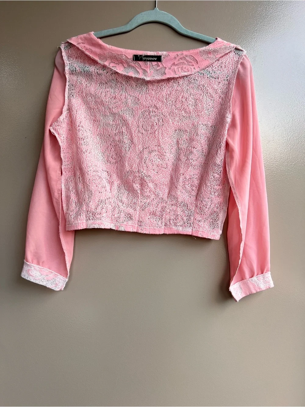 Yoyipshow Pink Floral Lace Crop Top Sheer Sleeve Coquette Y2K Babydoll Feminine - Picture 9 of 14